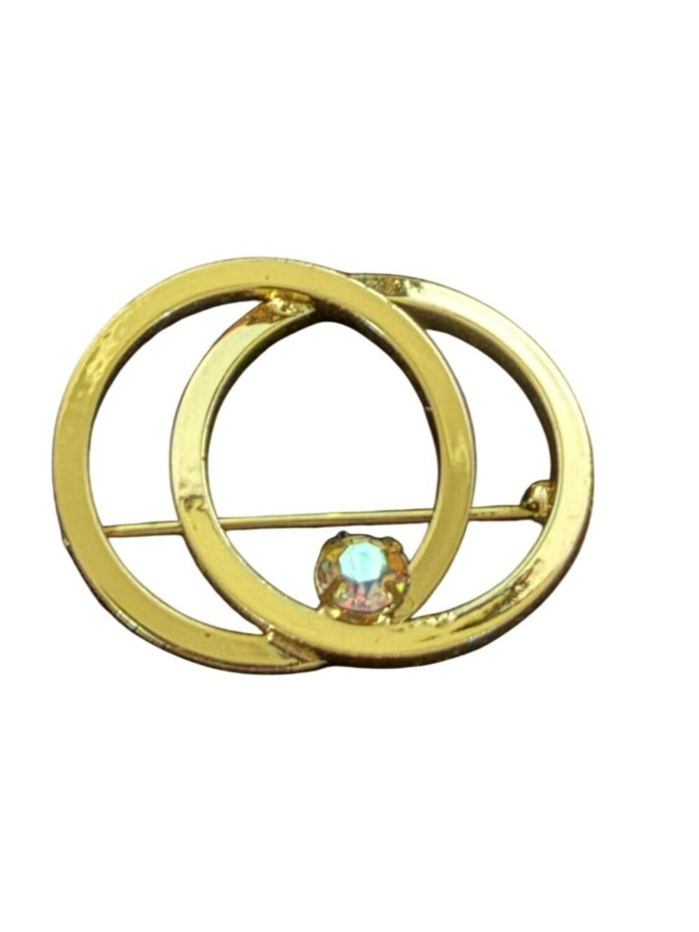 Vintage Gold-Tone Double Circles Brooch Pin ABRhinestone Center Simple